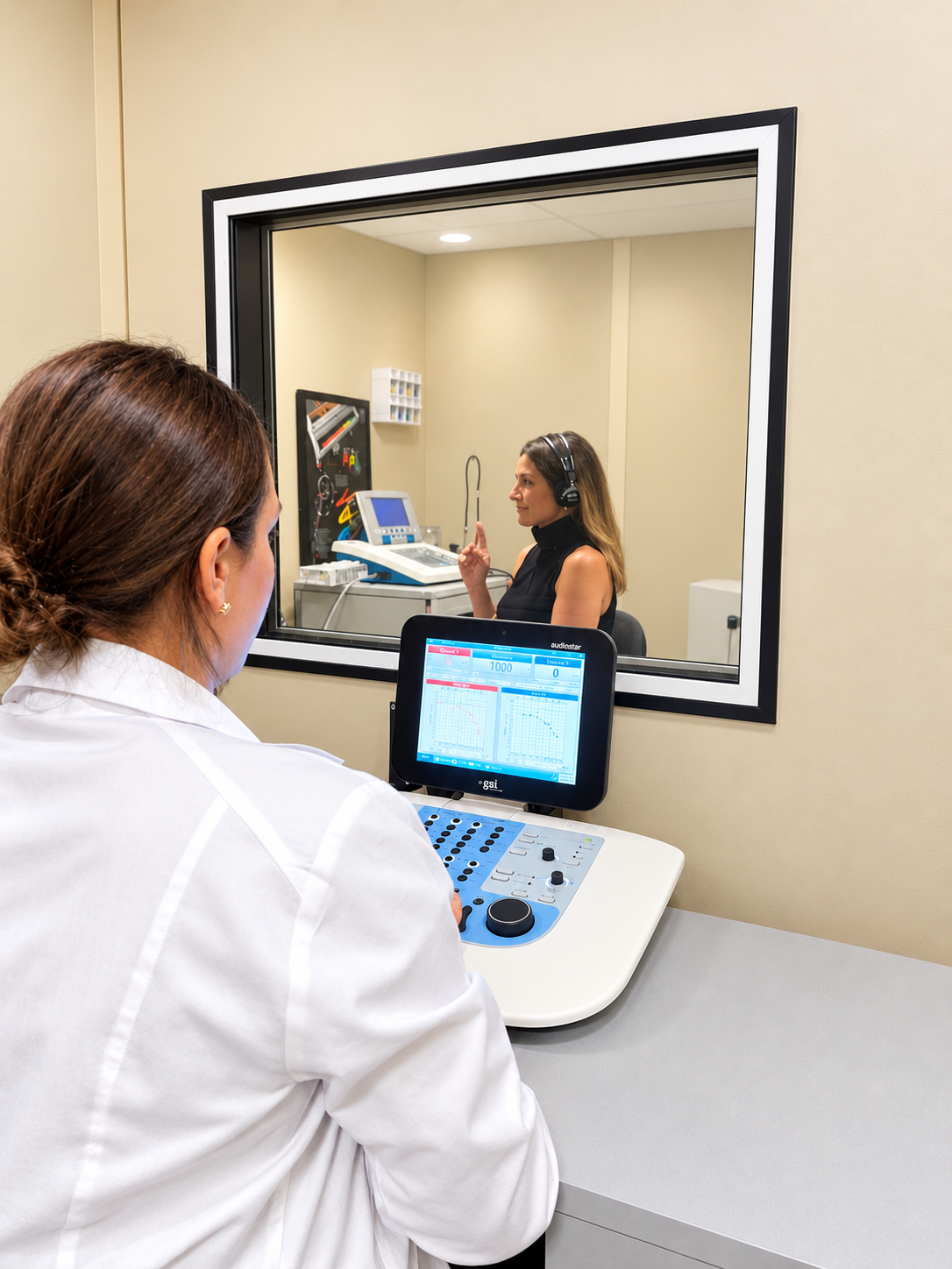 Audiologist running a hearing test while the patient listens in a sound booth