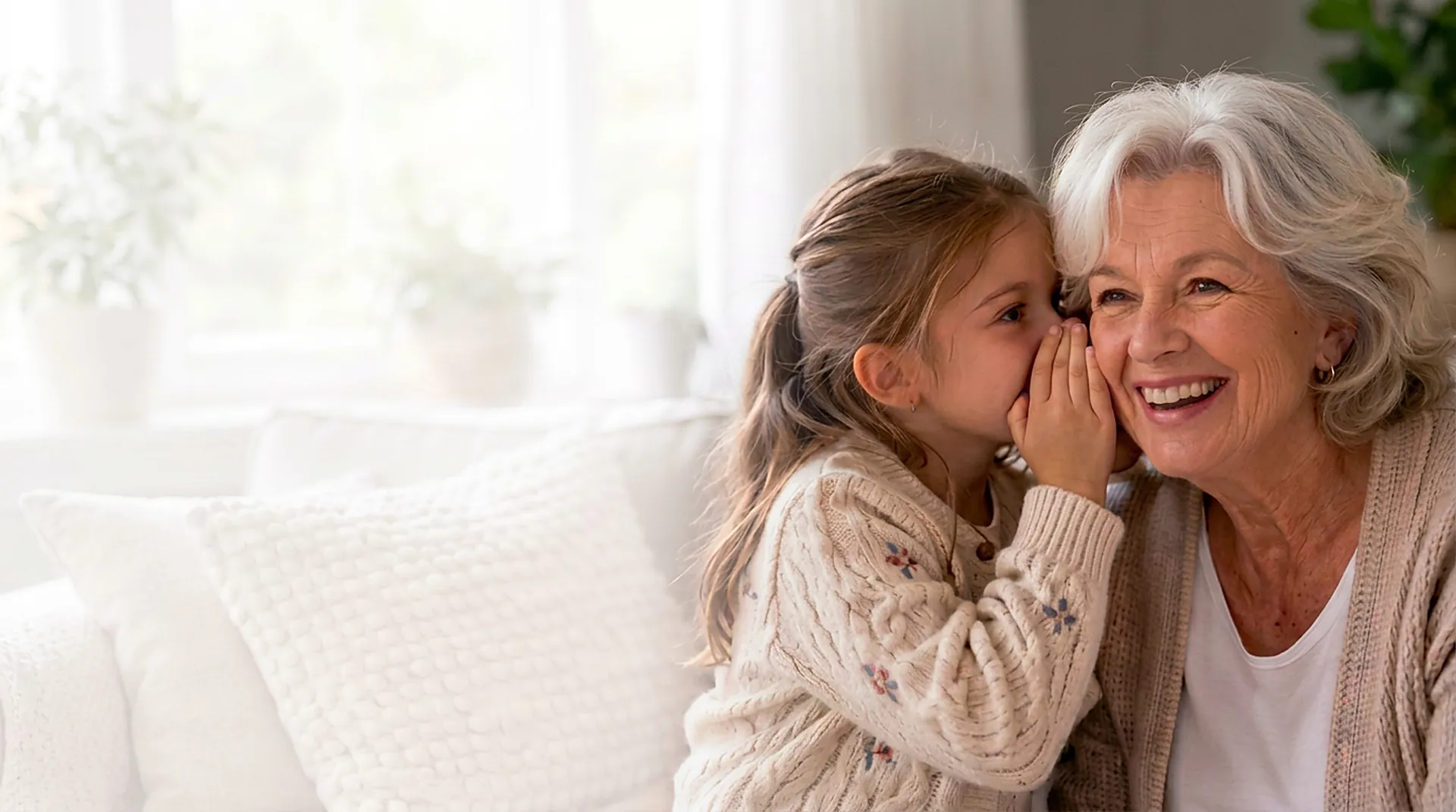 A grandmother and granddaughter sharing a whispered secret